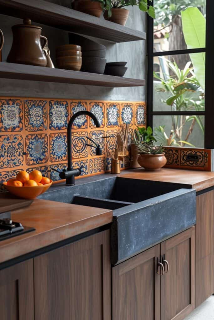 an artistic kitchen with Aboriginal Australian inspired ceramic tiles, vibrant dot paintings, rich in indigenous symbolism and colors, adding a unique and cultural touch, complemented by modern kitchen fittings and natural light