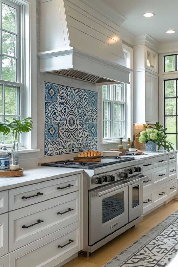 a bright, airy kitchen featuring Portuguese azulejo tiles, classic blue and white patterns, glossy surfaces, depicting scenes or geometric designs, adding a Mediterranean coastal vibe