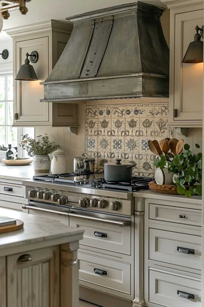 a charming kitchen with French Provence style tiles, pastel colors and floral designs, a matte finish, evoking a quaint and cozy French countryside feel, paired with vintage kitchen decor