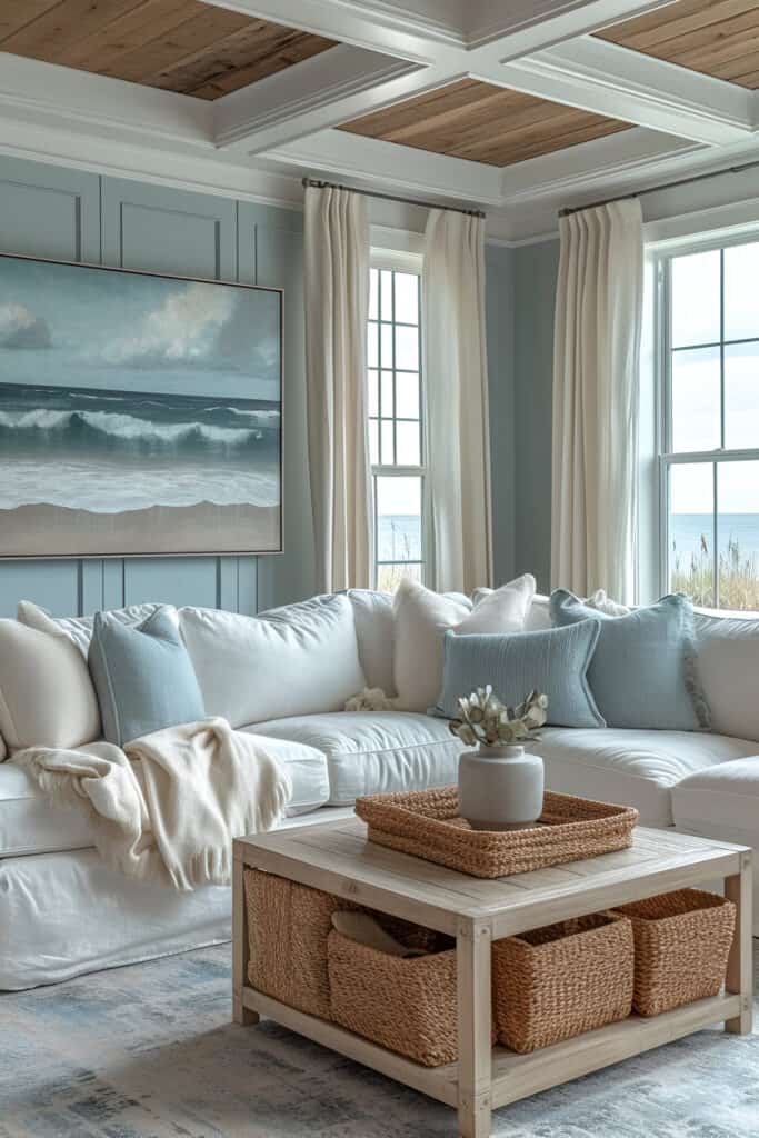 Chic Hamptons style beach house living room with light design and elegant decor.