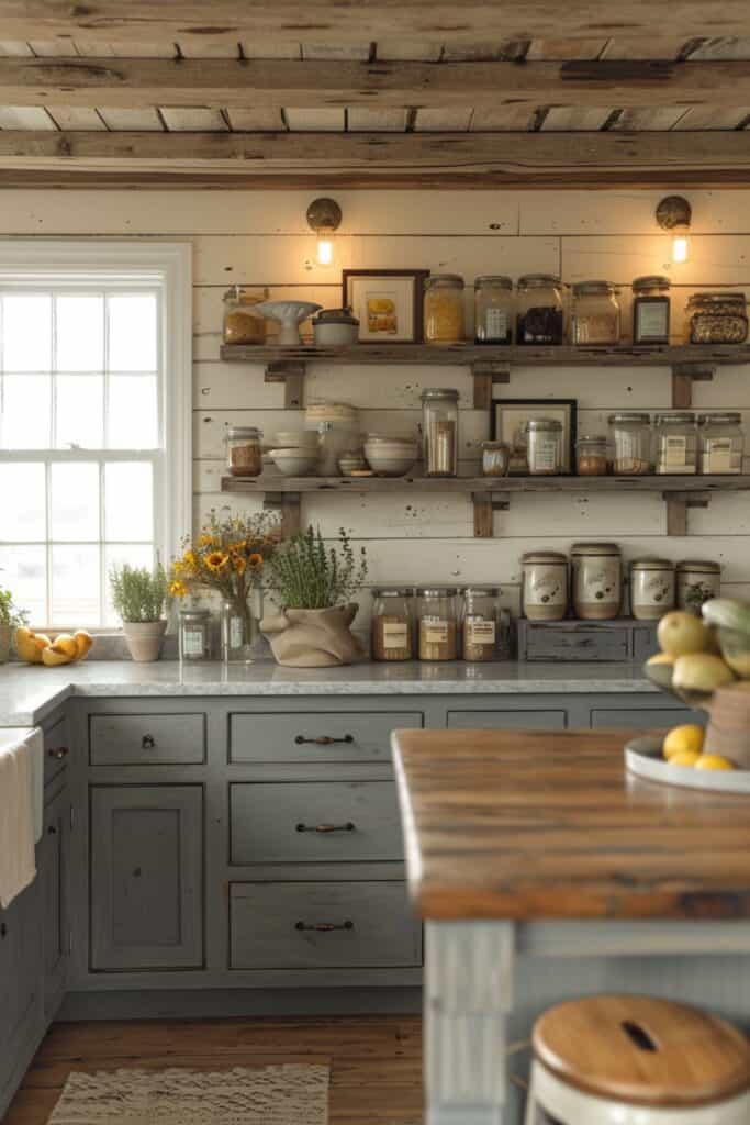 Coastal farmhouse kitchen with framed oceanic artwork, distressed wood frames, and floating wooden shelves