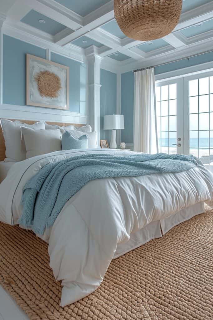 master bedroom with a color scheme limited to cool toned blues and crisp whites, with accents of sandy beiges, dove greys, denim blues, and pale aqua greens. Paint walls, ceilings, and trim work bright white, then layer in shades of blue through furniture, drapery panels, area rugs, bedding, and decorative objects like ceramic vases and glass lamps. Include natural textures found at the beach like rattan shade pendants, woven jute rugs, linen drapes, and carved driftwood nightstands