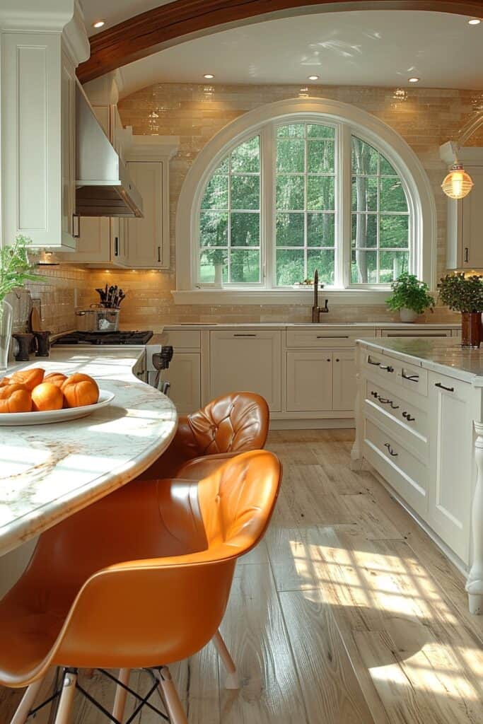 kitchen featuring Curved Comfort. Picture a kitchen with elements like curved cabinetry, arched doorways, and round breakfast nooks, breaking away from traditional rigid kitchen designs. This trend creates a more inviting and intimate atmosphere, perfect for gathering and socializing. The kitchen should reflect ergonomic design principles, with soft, organic shapes enhancing the space's comfort and appeal