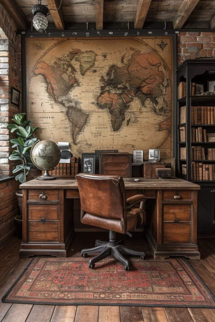 Eclectic home office with a world map mural, travel memorabilia, and globe lamp