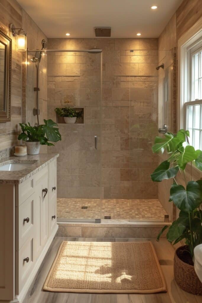 Eco-friendly small bathroom with a walk-in shower featuring recycled glass tiles and natural elements