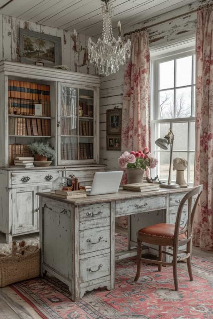 French country home office with a vintage desk, floral curtains, and an antique chandelier