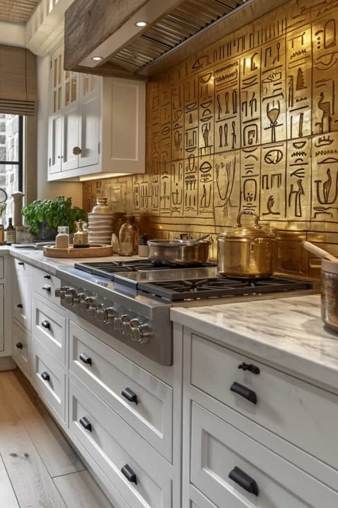 a thematic kitchen with Egyptian-inspired tiles, ancient motifs and hieroglyphs, earthy tones and gold accents, creating a historical and mysterious ambiance, paired with contemporary fixtures