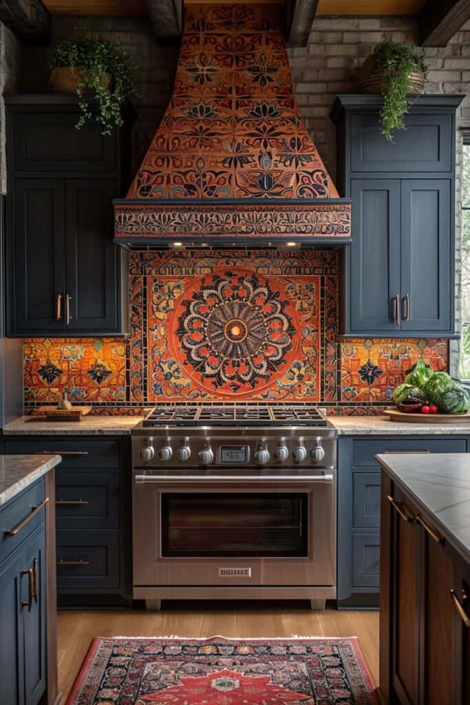 an eclectic kitchen with Indian-inspired ceramic tiles, featuring mandala patterns, vibrant colors like oranges and purples, intricate designs symbolizing spirituality, adding an artistic and cultural depth
