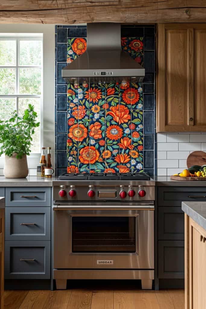 a folk-inspired kitchen adorned with Ukrainian Petrykivka painting style ceramic tiles, colorful floral and nature motifs, hand-painted artistic designs, infusing the space with a joyful and vibrant folkloric charm