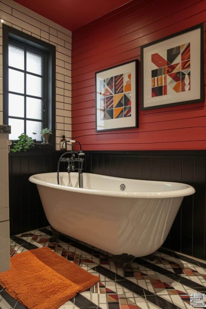 a full bathroom embracing Geometric Play, with bold patterns like painted stripes on walls, patterned floor tiles, and geometric artwork. The design should be modern and visually striking, making the bathroom a standout space with contemporary lines and shapes, and artistic flair