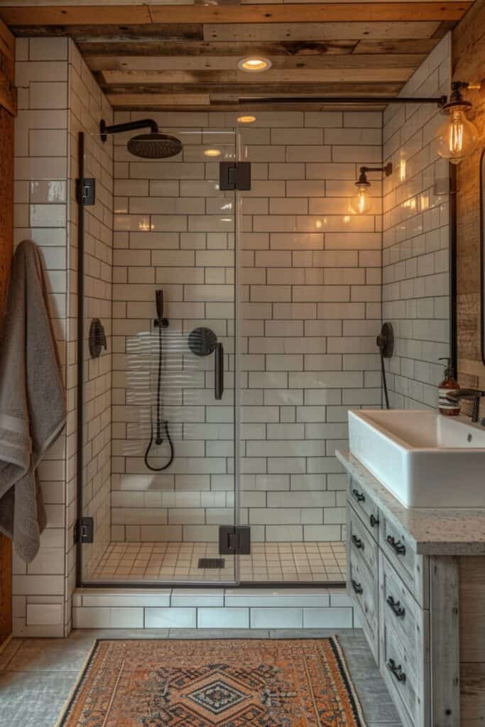Industrial style walk-in shower in a small bathroom with concrete tiles and matte black fixtures