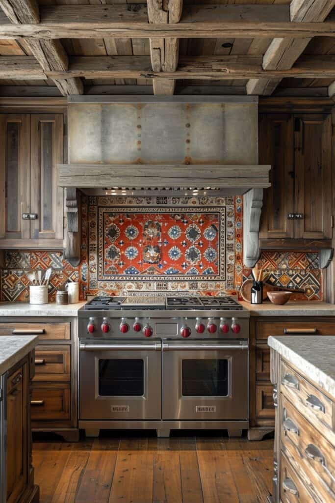 a traditional Italian kitchen featuring Tuscan-themed ceramic tiles, rustic warm colors like terracotta and olive, textured finishes, evoking the charm of the Italian countryside, paired with natural wood cabinets