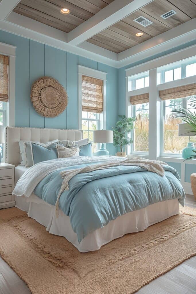 master bedroom with beach cottage charm, featuring weathered driftwood finishes, whitewashed furniture, and sun-faded fabrics. Include cool hues inspired by the ocean and sky, such as soothing aquas, sky blues, and sandy tans painted on walls or blended through upholstered headboards, window treatments, and area rugs. Add linen bedding, seagrass place mats, cozy cotton throws, and rattan nightstands