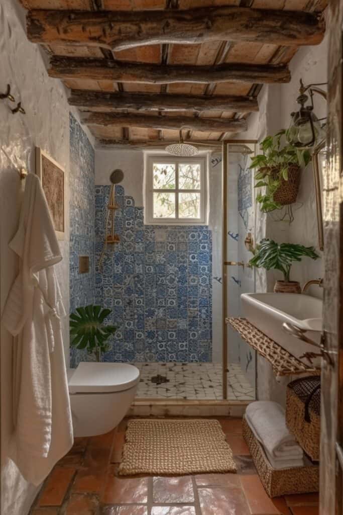 Mediterranean inspired walk-in shower in a small bathroom with blue and white patterned wall tiles and terracotta floor
