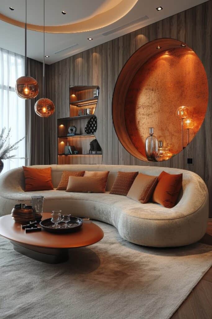 modern living room mixing curves and angles for visual tension. Include a plush rounded sofa or oval coffee table against sharp architectural details, circular metallic pendant fixtures, sinuous floor lamp bases, and a sculptural wave-shaped partition dividing the area. Ensure both angular and curved elements have equal visual weight