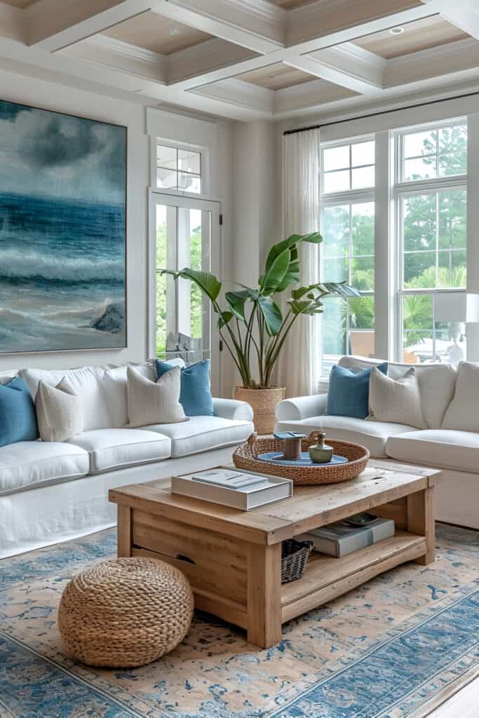 Contemporary beach house living room with ocean-inspired colors, modern furniture, and sea art.