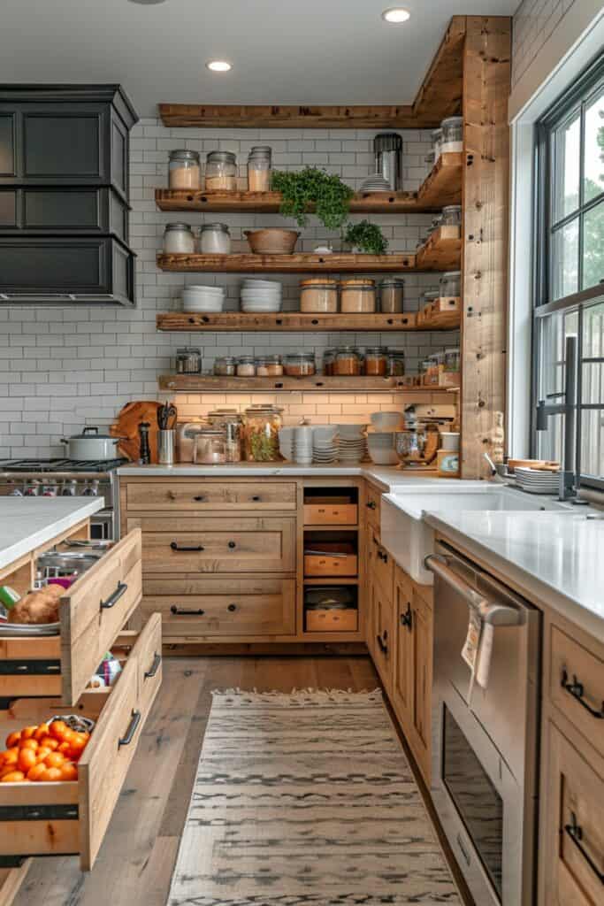 kitchen employing Smart Storage Solutions, such as pegboards for hanging utensils and pots, integrated spice racks in drawer dividers, and corner cabinets with rotating shelves. The image should demonstrate efficient space use and organization, showcasing the kitchen's enhanced accessibility and usability