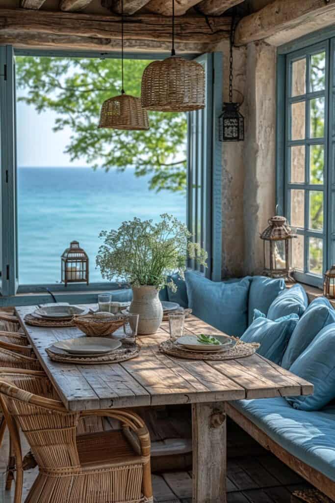Rustic coastal farmhouse breakfast nook with distressed wood table, wicker chairs, and ocean view