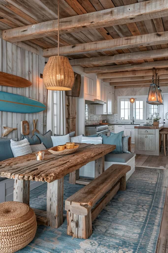 Rustic surf-themed beach house living room with weathered wood and surfboard decor.