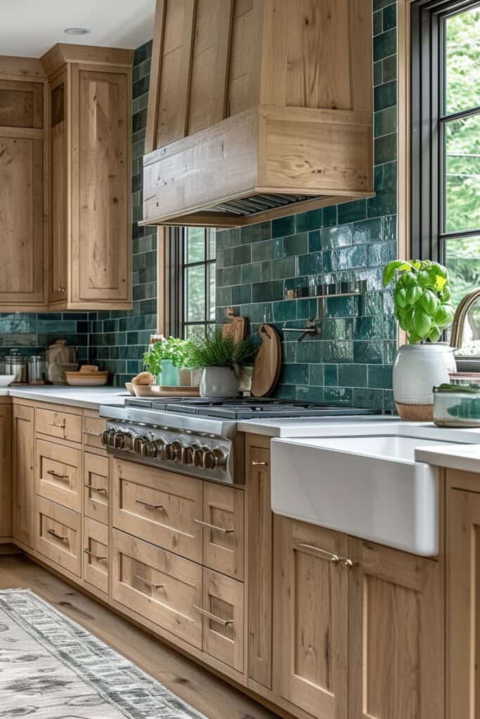 Coastal farmhouse kitchen with turquoise glass tile backsplash, white granite countertops, and wooden cabinets
