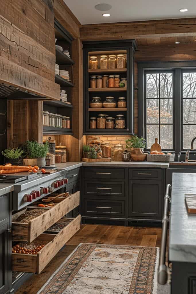 kitchen with Hidden Gems. Imagine a kitchen incorporating secret compartments and innovative storage solutions like hidden spice racks, pull-out drawers under sinks, and built-in shelves within pantry walls. The kitchen should make the most of every inch of space, especially in small kitchens, adding surprise and functionality
