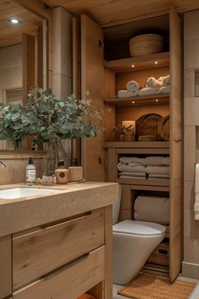 a bathroom with Hidden Storage Solutions, utilizing under-sink pull-out drawers, shelves above the toilet, and hidden compartments in the walls. The design should maximize space, maintain a clutter-free and organized bathroom, and combine practicality with aesthetic elegance