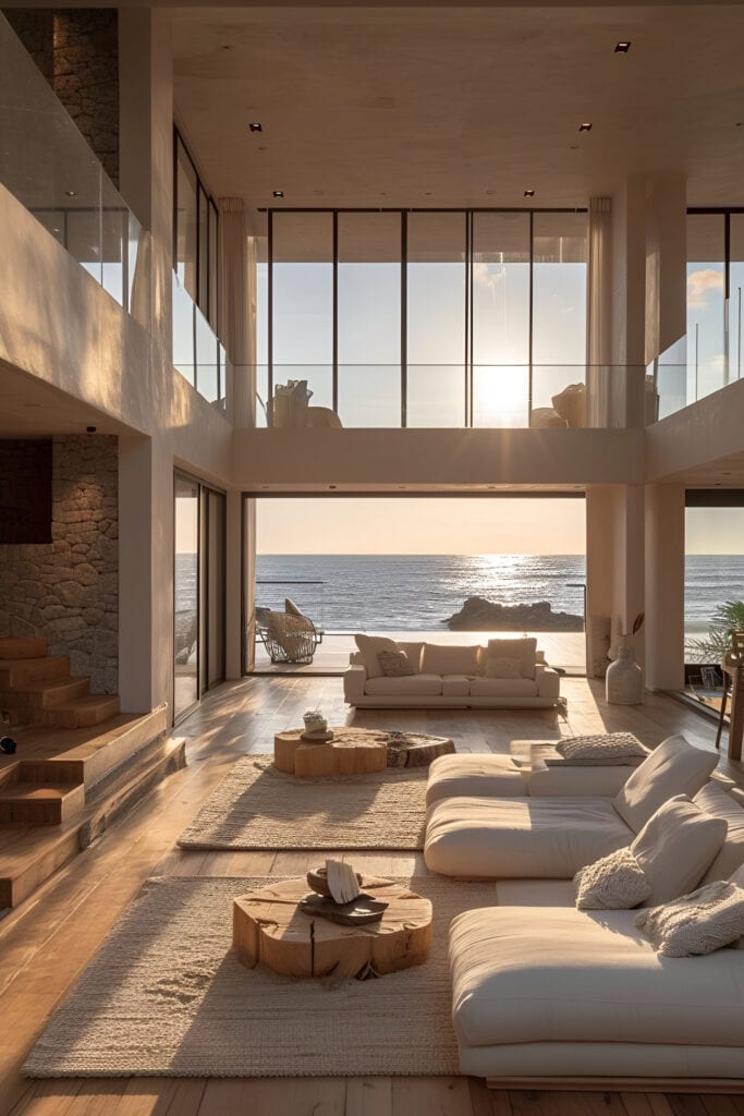 Modern minimalist beach house living room with sleek furniture and ocean views.
