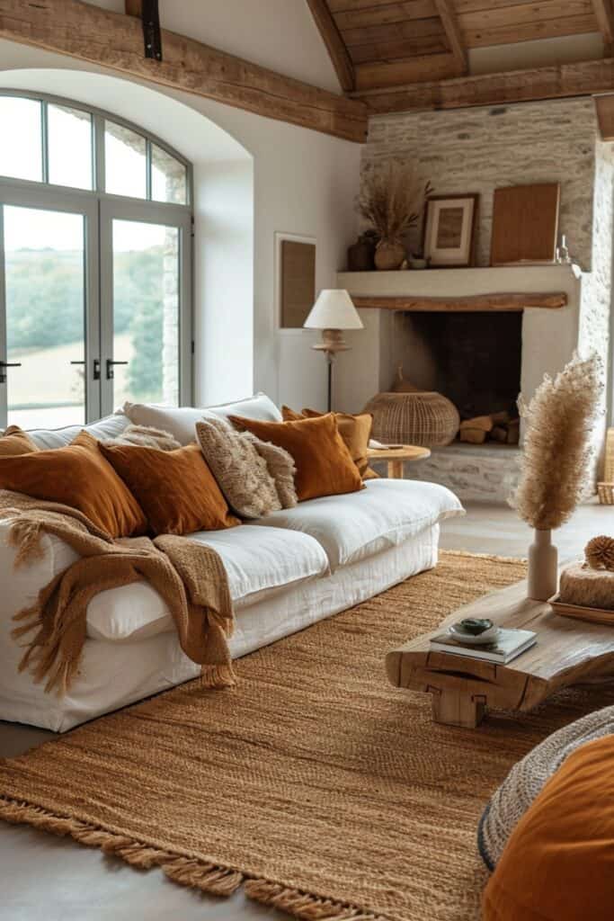 modern living room with textural rugs and layers. Feature a natural fiber area rug like jute, wool, cotton, or sisal under the main seating area. Add other tactile elements like throws, pillows, and blankets in natural fabrics like linen, shearling, and merino wool on leather or velvet sofas. Include wood and stone touches like side tables, shelving, table lamps, and succulent planters for variation