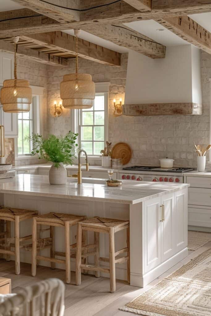 Coastal farmhouse kitchen with vintage-inspired pendant lights, driftwood ceiling beams, and brass fixtures
