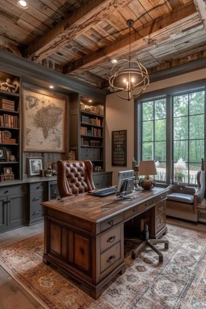 Vintage industrial home office with steel beams, a distressed wood desk, and Edison lighting