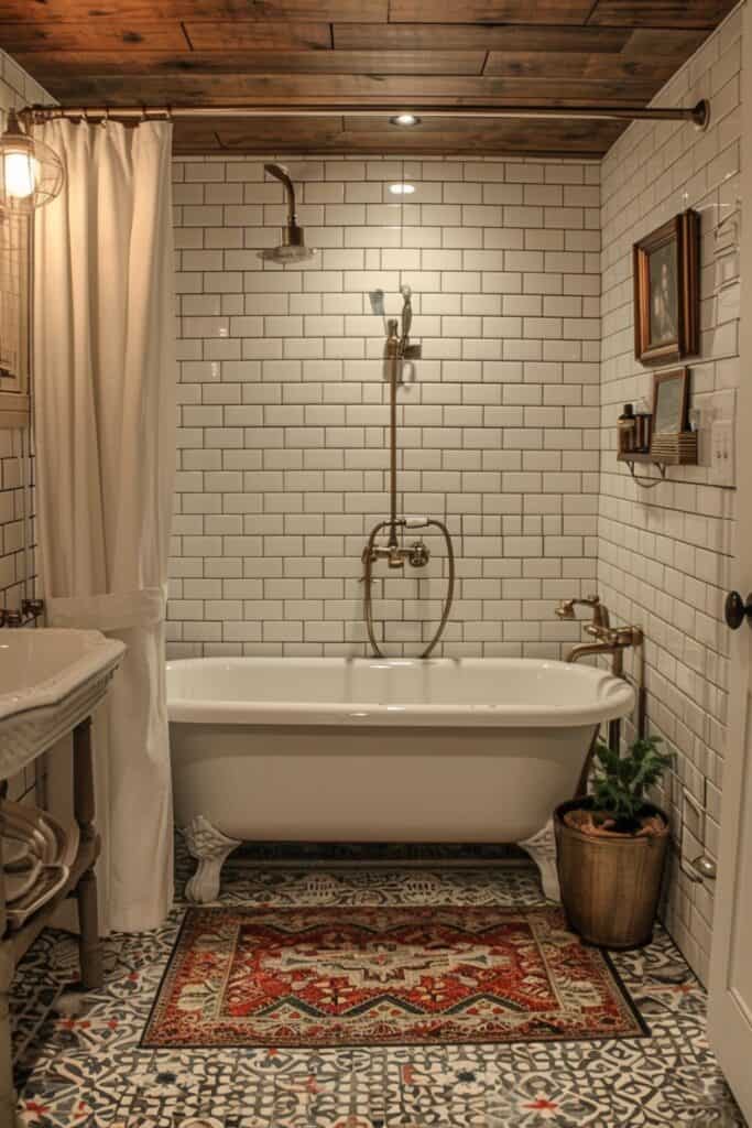 Vintage-style small bathroom with a clawfoot tub inside a walk-in shower and patterned floor tiles