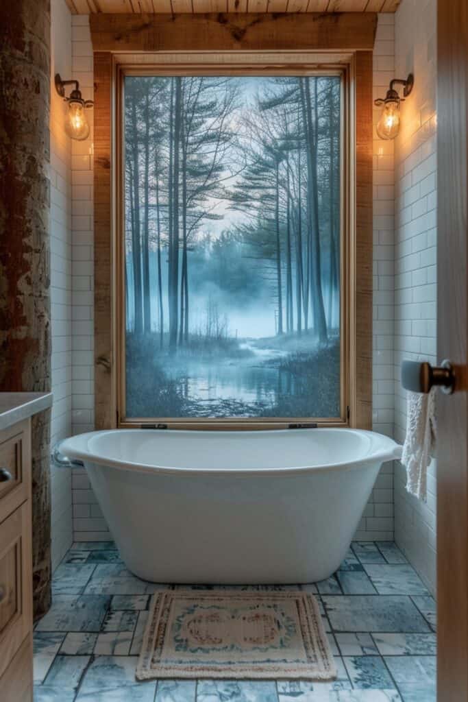 a bathroom with a small window transformed into a Window to Another World, featuring frosted glass film with a printed nature scene. The window should create the illusion of looking out onto a serene landscape, adding privacy, depth, and beauty to the bathroom, with an artistic touch