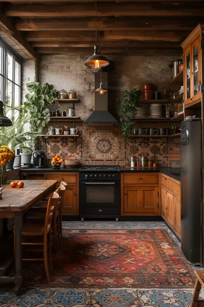 Bohemian kitchen with natural wood cabinets, open shelving, and eclectic decor