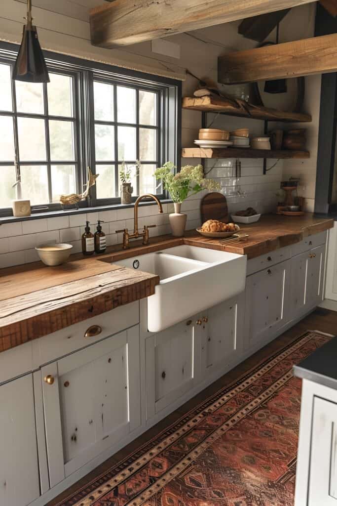 Kitchen with whitewashed shiplap cabinets, rustic iron handles, and butcher block countertops