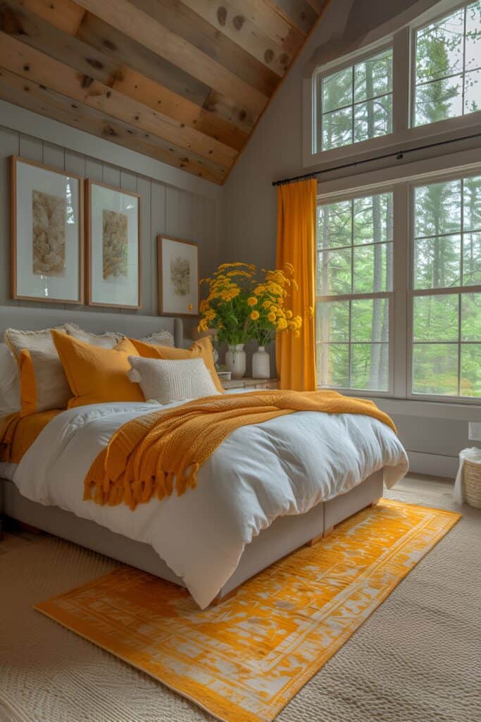 Nature-themed master bedroom with gray and yellow botanical touches and greenery