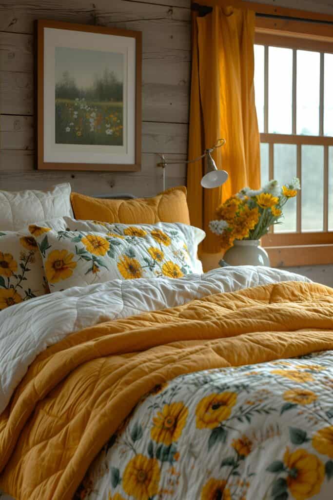Rustic master bedroom with yellow floral curtains and distressed gray furniture