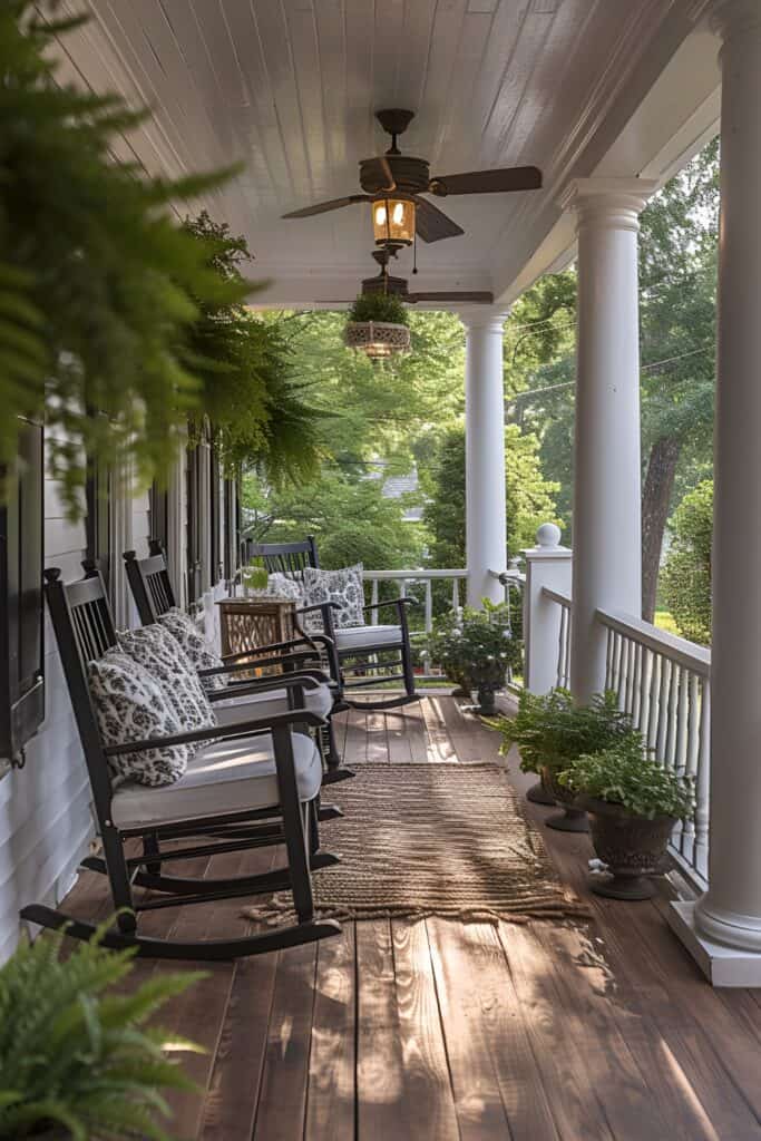 Southern charm veranda with rocking chairs and classic decor at sunset