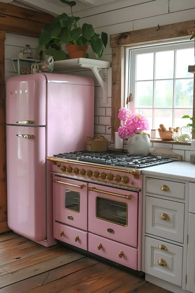 Vintage-inspired refrigerator and brass fixtures in a cozy cottage kitchen
