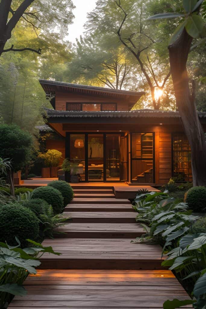 Minimalist Zen front door with clean lines and natural wood, surrounded by a serene garden and bamboo accents