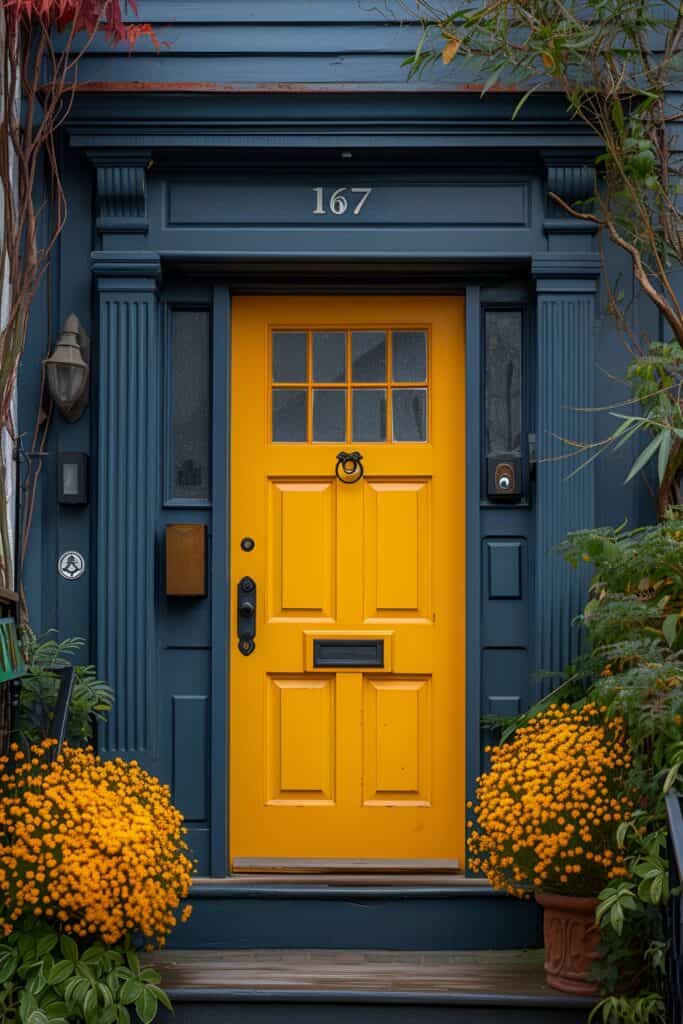 Contemporary bright yellow front door with matte black hardware, surrounded by dark gray siding and minimalist planters